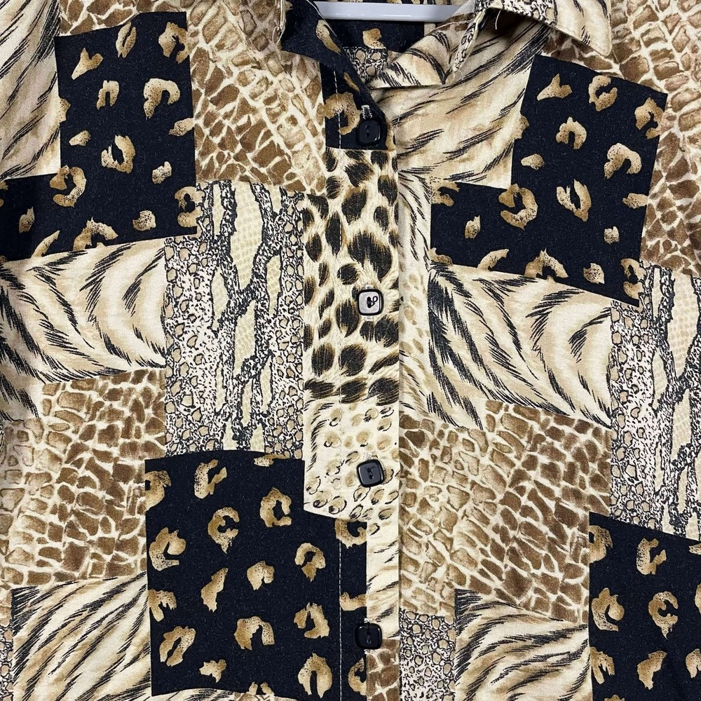 Alfred Dunner Animal Print Patchwork Button Up Shirt Womens 12 Leopard Zebra Tan - Picture 3 of 6